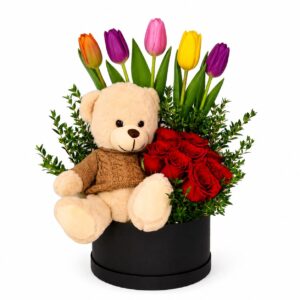 Box Rosas, Tulipanes + Peluche